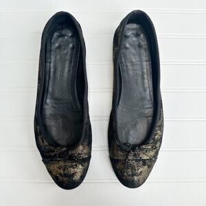 Chanel Ballet Flats Cap Toe CC Black Gold Metallic Suede Leather Ballerina Shoes